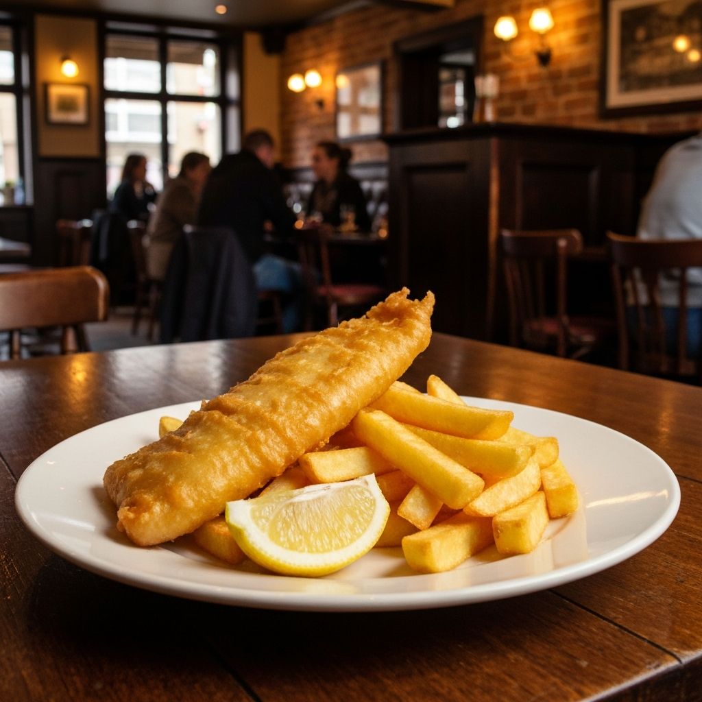 Grilled and battered fish with chips and lemon